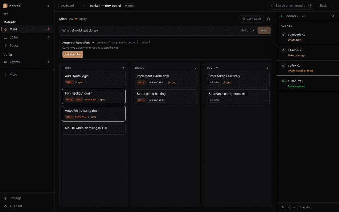 barkcli run --agents 3: three agents working in worktrees, live agent rows pulsing, tasks completing and merging in real time in the Mind view
